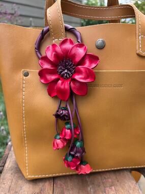 Red Flower Purse Charm Genuine Leather Beautiful Red Bag Charm